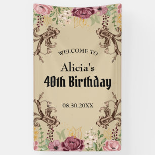 Vintage Maroon Gold Flower Parchment Birthday Banner