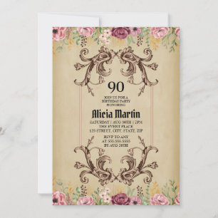 Vintage Maroon Gold Flower Parchment Birthday Invitation