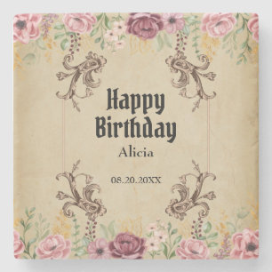 Vintage Maroon Gold Flower Parchment Birthday Stone Coaster