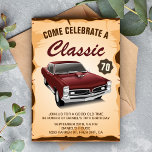Vintage Maroon Red Car Classic Birthday Invitation<br><div class="desc">Invite your guests with this vintage birthday party invite featuring a beautiful vintage car and retro typography against a parchment background. Simply add your event details on this easy-to-use template to make it a one-of-a-kind invitation. Flip the card over to reveal a rustic barn wood texture on the back of...</div>