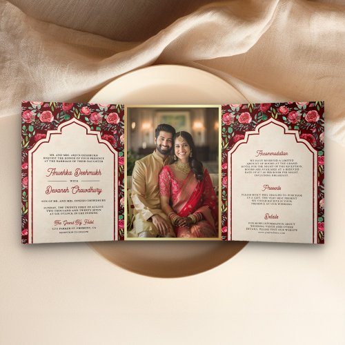Vintage Maroon Red Roses Floral Indian Wedding Tri_Fold Invitation