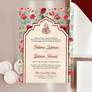 Vintage Maroon Red Roses Floral Muslim Wedding Acrylic Invitations