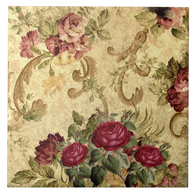 Vintage Maroon Rose Gold Tapestry  Ceramic Tile (Front)