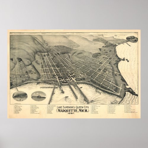 Vintage Marquette MI Map 1897 Poster