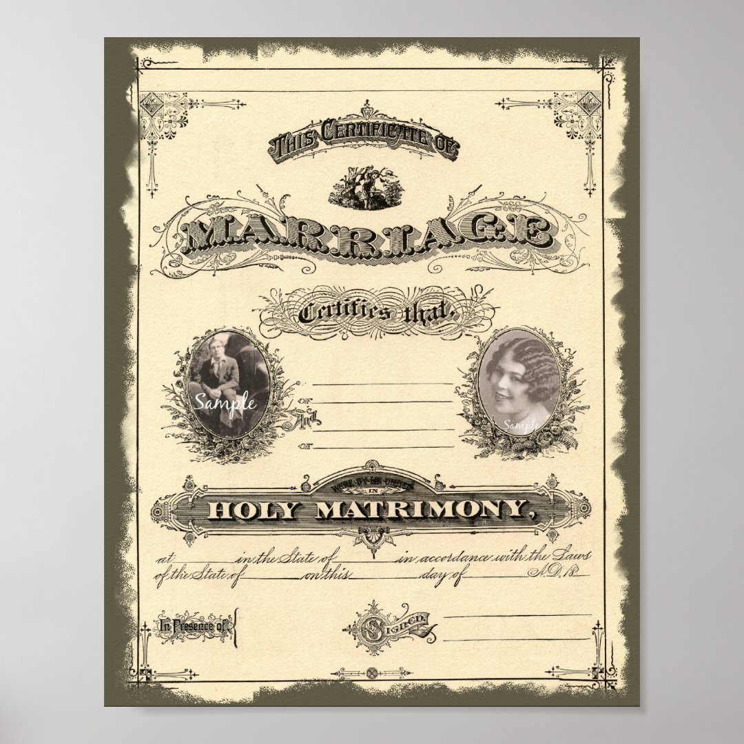 Vintage Marriage Certificate with Photo Frames Poster | Zazzle