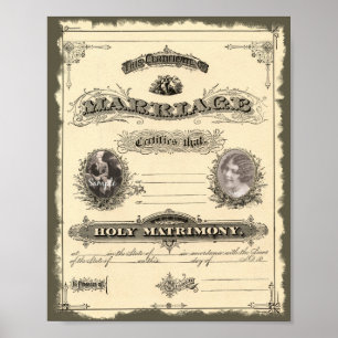 Vintage Marriage Certificate with Photo Frames Poster