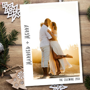 Vintage Married and Merry Minimalist Light Gray Holiday Card