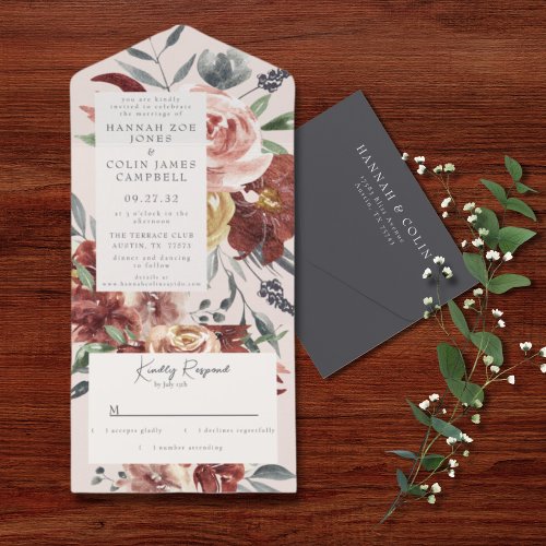 Vintage Marsala Blush Pewter Floral All In One Invitation