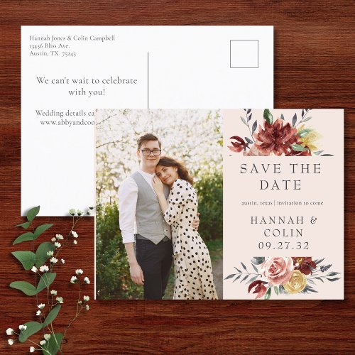 Vintage Marsala Blush Pewter Floral Save the Date Announcement Postcard
