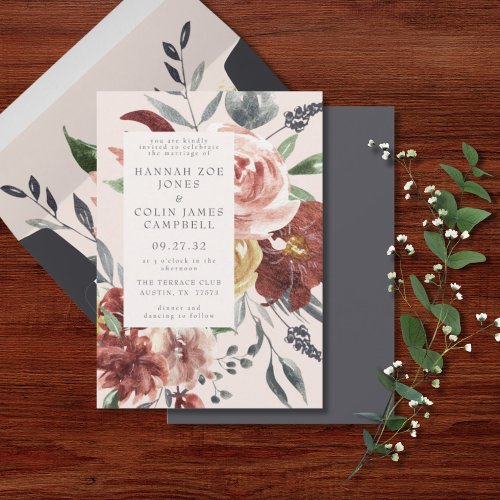 Vintage Marsala Blush Pewter Floral Wedding Invitation