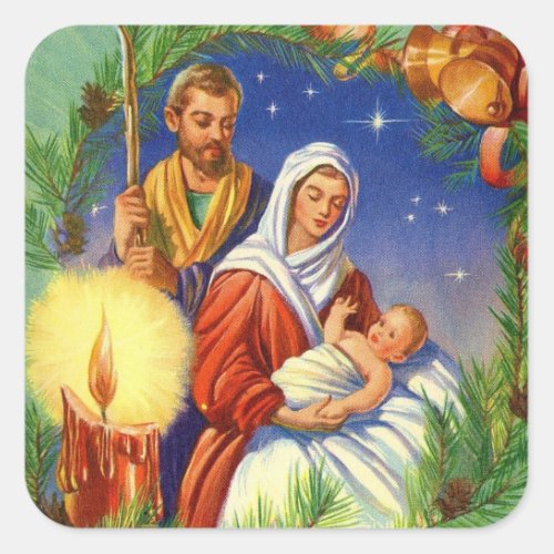 Vintage Mary and Joseph With Baby Jesus Christmas Square Sticker