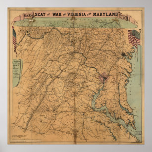 Vintage Maryland & Virginia Civil War Battles Map Poster