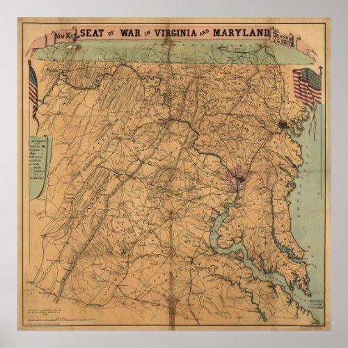 Vintage Maryland  Virginia Civil War Battles Map Poster