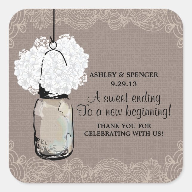 Vintage Mason Jar and Hydrangeas Square Sticker (Front)