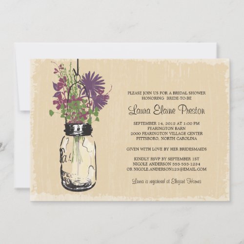 Vintage Mason Jar and Wildflowers Bridal Shower Invitation