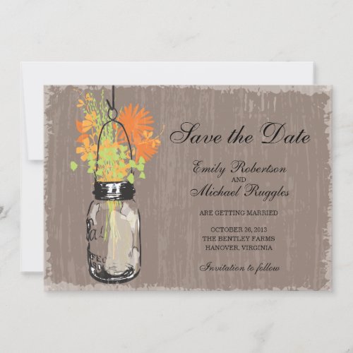 Vintage Mason Jar and Wildflowers Save the Date Invitation