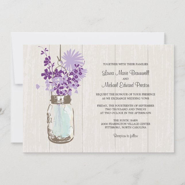 Vintage Mason Jar and Wildflowers Wedding Invitation (Front)