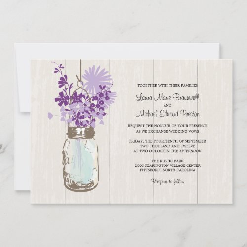 Vintage Mason Jar and Wildflowers Wedding Custom Invitation
