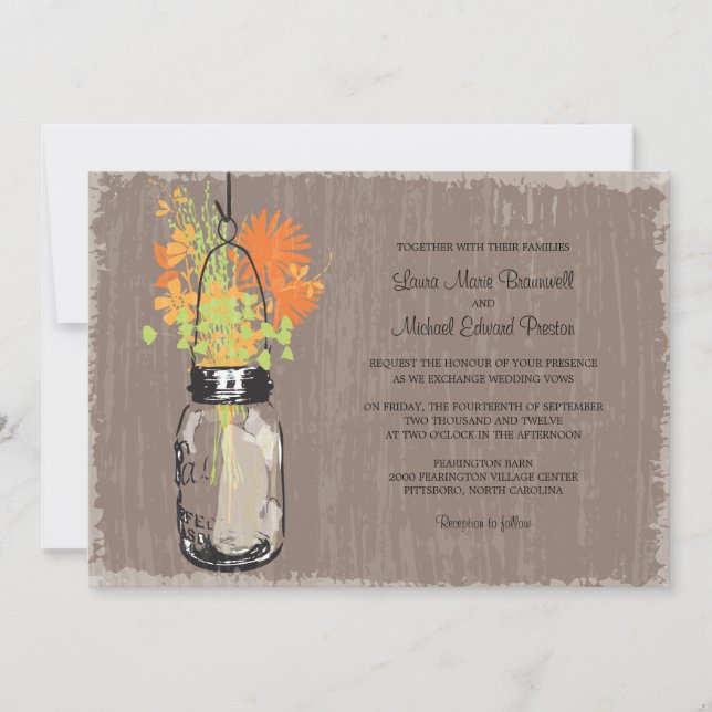 Vintage Mason Jar and Wildflowers Wedding Invitation (Front)