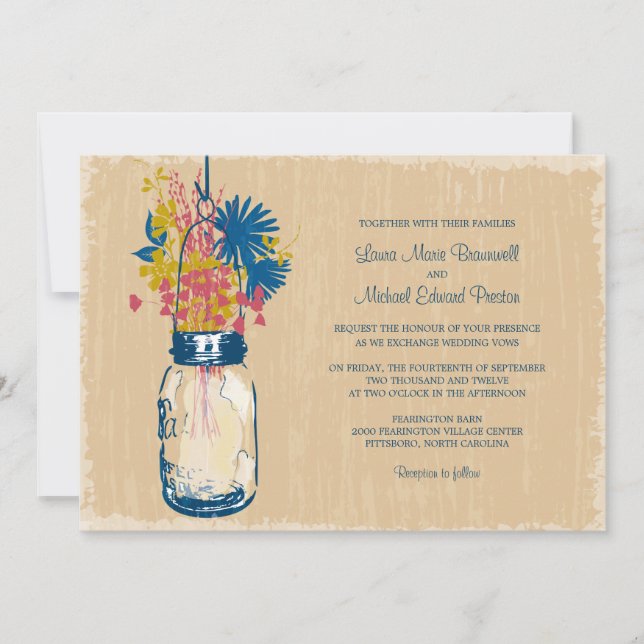 Vintage Mason Jar and Wildflowers Wedding Invitation (Front)