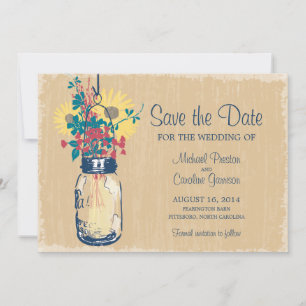 Vintage Mason Jar and Wildflowers Wedding Save The Date