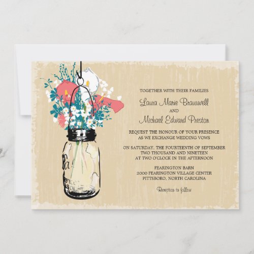 Vintage Mason Jar Calla Lily  Wildflowers WeddinG Invitation