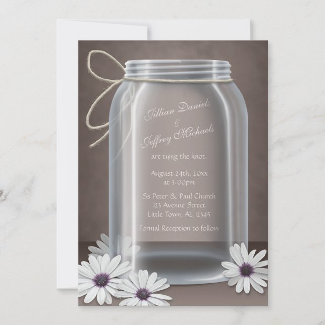 Vintage Mason Jar Daisy Brown Wedding Invitations (Front)