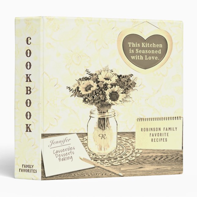 Vintage Mason Jar Flowers Cookbook  3 Ring Binder (Front/Spine)