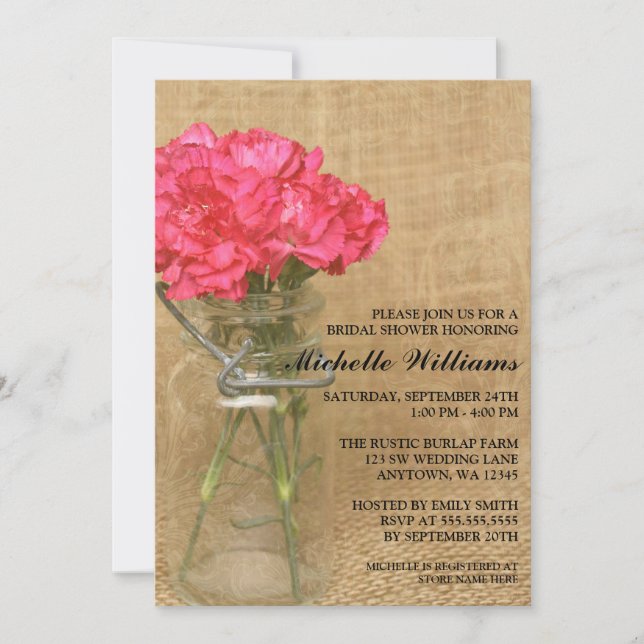 Vintage Mason Jar Pink Carnations Bridal Shower Invitation (Front)