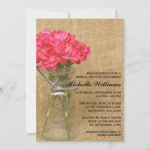 Vintage Mason Jar Pink Carnations Bridal Shower Invitation