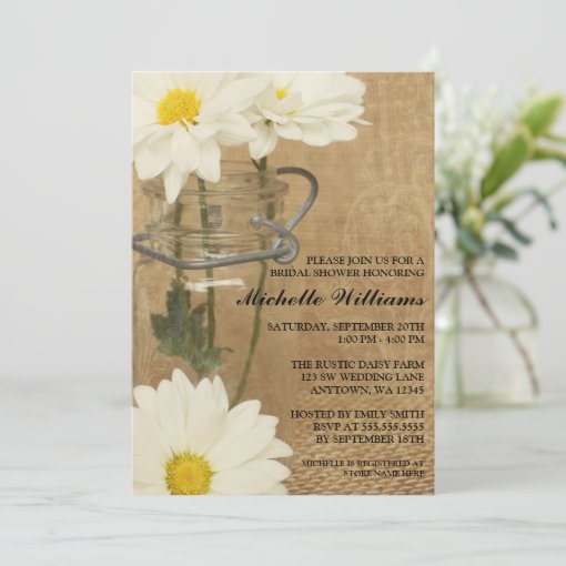 Vintage Mason Jar White Daisies Bridal Shower Invitation Zazzle