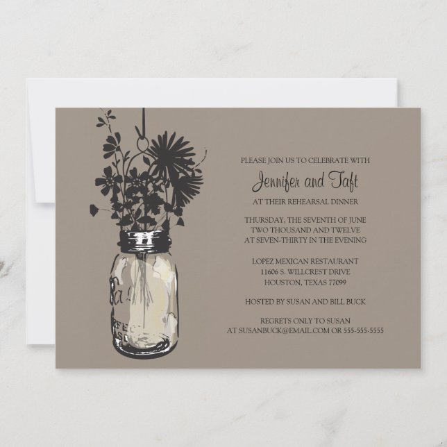 Vintage Mason Jar & Wild Flowers Rehearsal Dinner Invitation (Front)