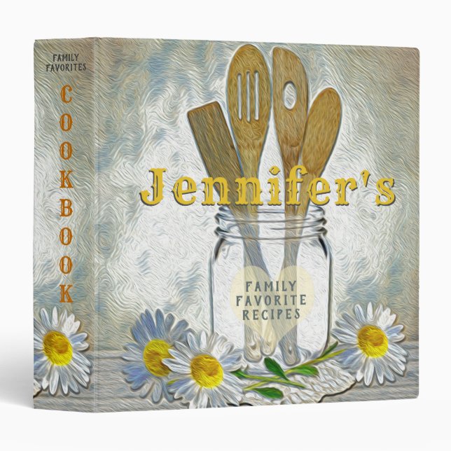 Vintage Mason Jar with Heart and Daisies Cookbook 3 Ring Binder (Front/Spine)