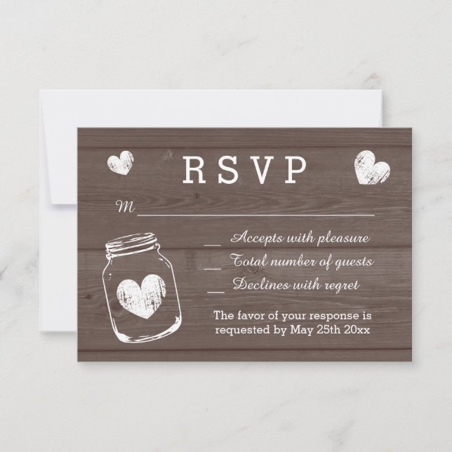 Vintage mason jar wood grain RSVP wedding cards (Front)