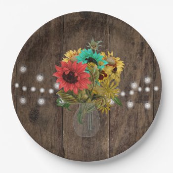 Vintage Mason Jar Wood Sunflower Wedding Dinner Paper Plates by My_Wedding_Bliss at Zazzle