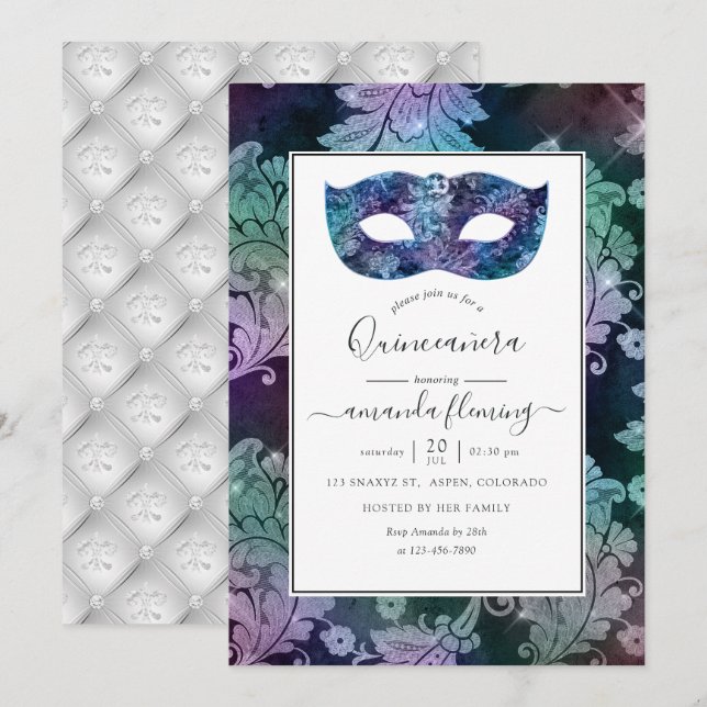 Vintage Masquerade Damask Quinceañera Invitation (Front/Back)