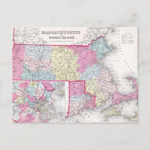 Vintage Massachusetts and Rhode Island Map 1855 Postcard