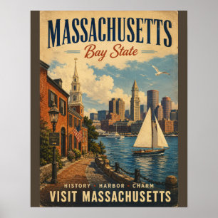 Vintage Massachusetts Bay State Travel Poster with