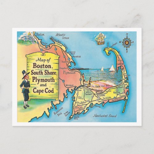Vintage Massachusetts Cities Map Postcard