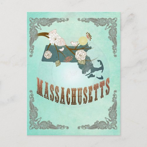 Vintage Massachusetts State Map â Turquoise Blue Postcard
