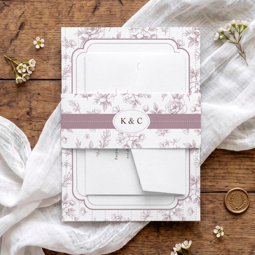 Vintage Mauve Pink Floral Toile Initials Wedding Invitation Belly Band