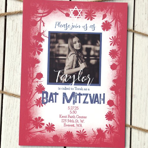 Vintage Mauve Pink Navy Blue Bat Mitzvah Photo Invitation