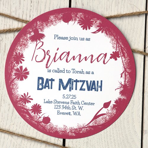 Vintage Mauve Pink Navy Blue Bat Mitzvah Rustic Invitation