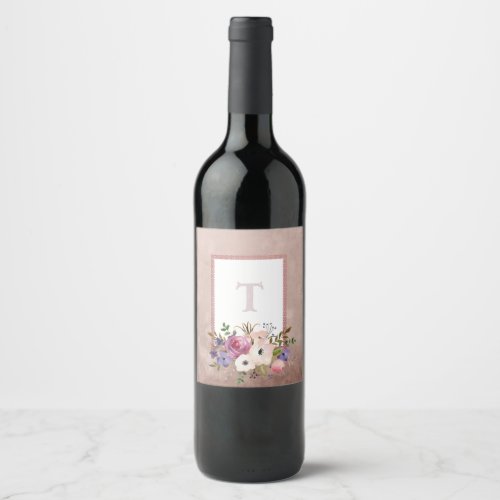 Vintage Mauve Watercolor Floral Initial  Wine Label