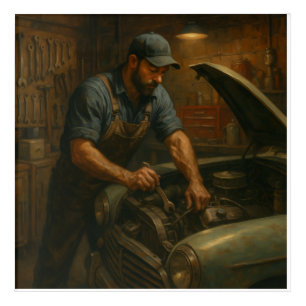 Vintage Mechanic at Work – Gritty Garage Oil Paint Acrylic Print