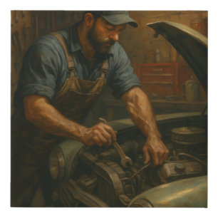 Vintage Mechanic at Work – Gritty Garage Oil Paint Faux Canvas Print