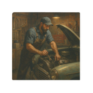 Vintage Mechanic at Work – Gritty Garage Oil Paint Metal Print