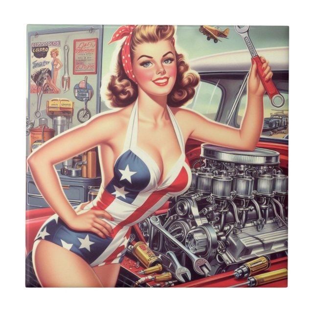 Vintage Mechanic Pin-up Ceramic Tile (Front)
