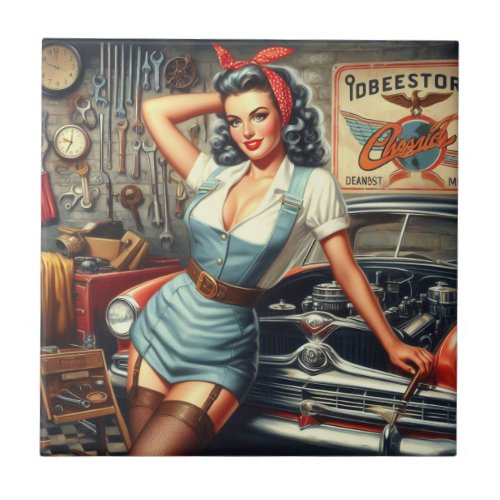 Vintage Mechanic Pin Up Ceramic Tile