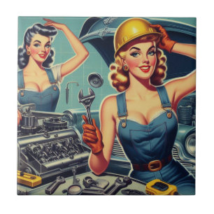 Vintage Mechanic Pin Up Ceramic Tile